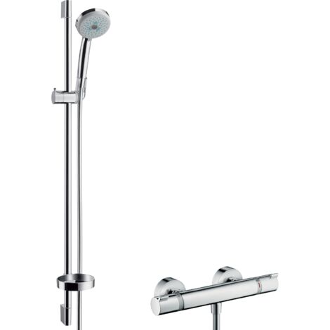 Hansgrohe – Colonne de douche thermostatique 90 cm – 3 types de jet : Pluie, MonoRain, massage – Flexible 1600 mm – Finition chromée métal