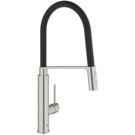 Grohe – Mitigeur monocommandé pour évier 510mm – Saillie 235mm – Bec pivotant 360° – Surface SuperSteel – Douchette professionnelle avec jets