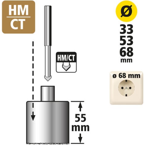 wolfcraft - Coffret de Trépans - Diamètre 33, 53, 68 mm, 2 Forets Centreur - Profondeur de coupe 55 mm - 5 pièces - réf. 1003000