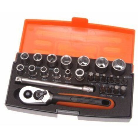 Bahco – Coffret multi-outils 25 pièces – 12 douilles 6 pans 1/4'' – Cliquet compact 125mm à dégagement rapide – Acier allié haute performance - X083181