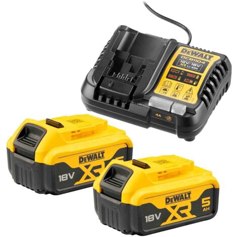 Pack de 2 batteries 18V 5Ah Li-Ion DCB184 – Chargeur DCB1104 – Compatible outils Dewalt XR – Temps de charge rapide 75 min