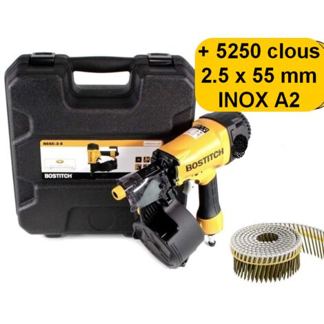Bostitch – Cloueur pneumatique à rouleaux plats 2,5x55mm – 5250 clous inox A2 – Réglage de profondeur – Pression 4,8 à 8,3 bar - N66C-2-E