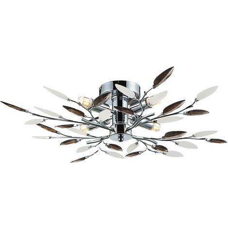 Modern Birch 4 Bulb Chrome Ceiling Light with Smoked Leaves by Happy Homewares - Black
