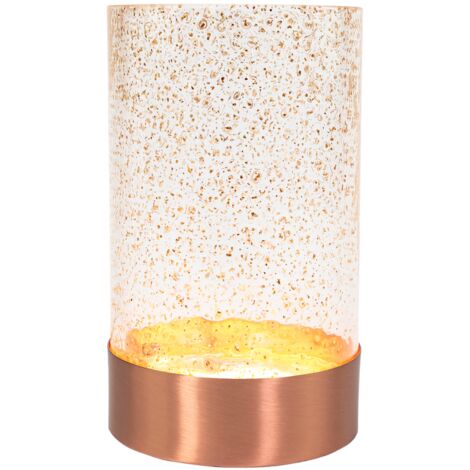 Modernistic Brushed Copper LED Table Lamp with Circular Speckled Glass Shade by Happy Homewares