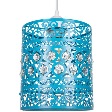 Traditional and Ornate Teal Easy Fit Pendant Shade with Clear Acrylic Droplets by Happy Homewares