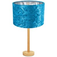 Stylish Light Rubber Wood Table Lamp with 12" Teal Crushed Velvet Lamp Shade by Happy Homewares - Blue