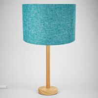 Stylish Light Rubber Wood Table Lamp with 12" Teal Linen Drum Lamp Shade by Happy Homewares - Blue