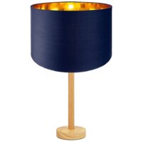 Stylish Light Rubber Wood Table Lamp with 12" Navy Shade with Shiny Inner by Happy Homewares - Blue