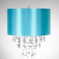Modern Teal Satin Fabric Pendant Light Shade with Transparent Acrylic Droplets by Happy Homewares