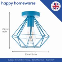 Industrial Basket Cage Designed Matt Teal Metal Semi Flush Ceiling Light by Happy Homewares