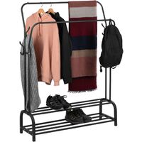 PrimeMatik - Multifunctional black metal coat rack with double hanger and 2 low shelves