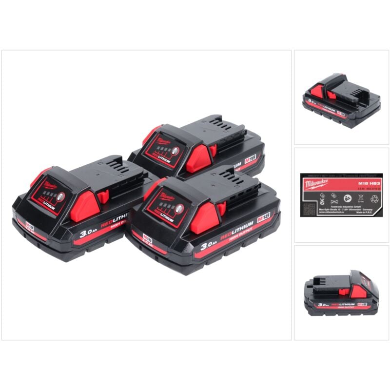 Set Milwaukee M18 HB3 High Output: 3 batterie Li-Ion 3,0Ah 18V con  indicatore di carica (3x 4932471069)