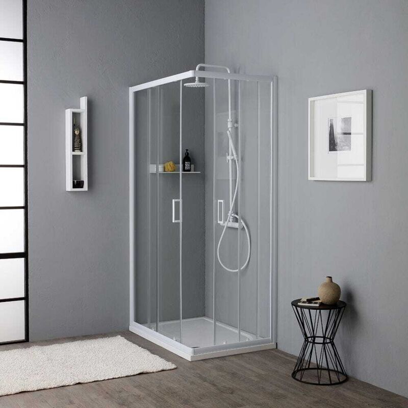 Cabine de douche 85 x 120 cm Ouverture d'angle avec entrée facilitée profil chrome et cristal trempé transparent de 200 cm de haut