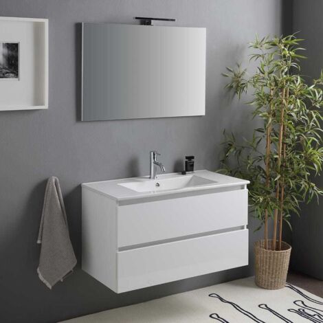Kiamami Valentina – Meuble double vasque suspendu 90 cm – 2 tiroirs – Lavabo céramique – Finition blanche laquée – Installation murale facile