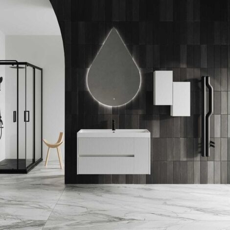 Meuble De Salle De Bains 100Cm Blanc Brillant Miroir En Forme De Goutte Cortina (1/5)