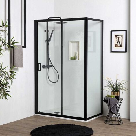Kiamami Valentina – Porte de douche niche 120 cm – Paroi fixe 80 cm – Hauteur 190 cm – Verre trempé 6 mm – Aluminium noir mat – Ouverture coulissante avec libération rapide (1/5)