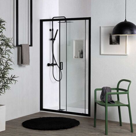 Kiamami Valentina – Porte de douche en niche coulissante 110 cm noir mat – Verre trempé 6 mm – Ouverture réversible – Aluminium moderne (1/5)