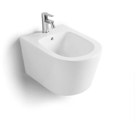 Kiamami Valentina – Bidet suspendu céramique arrondi 36x52cm – Hauteur 32cm – Installation murale – Facile à nettoyer et à combiner avec WC Blues (1/4)