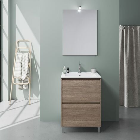 Kiamami Valentina – Meuble lave-mains sur pied 60 cm – Lavabo céramique intégré – Structure blanche et façade chêne – 2 tiroirs avec fermeture douce