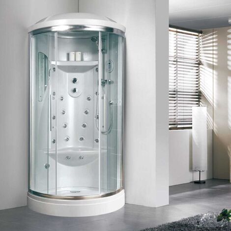 Kiamami Valentina – Cabine de douche hydromassage et bain-vapeur 90 cm d'angle – Verre trempé 5 mm – 16 jets – Colonne avec pommeau fixe et douchette (1/4)