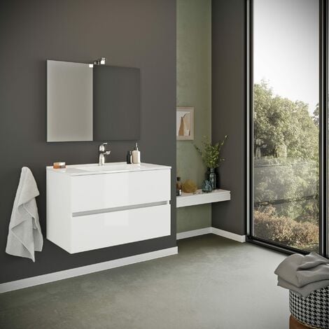 Meuble De Salle De Bain Suspendu Blanc Brillant 80Cm 2 Tiroirs  Benaco