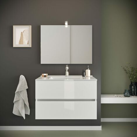 Meuble De Salle De Bain Suspendu Blanc Brillant 80Cm 2 Tiroirs  Benaco