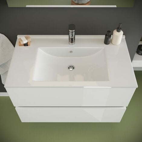 Meuble De Salle De Bain Suspendu Blanc Brillant 80Cm 2 Tiroirs  Benaco