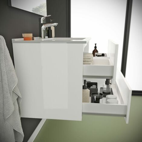 Meuble De Salle De Bain Suspendu Blanc Brillant 80Cm 2 Tiroirs  Benaco