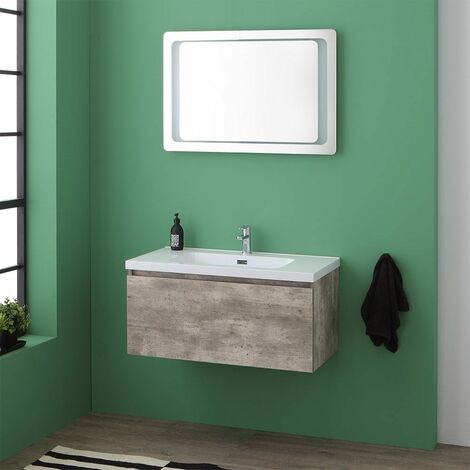 Meuble de salle de bain avec tiroir de Couleur ciment et Miroir avec LED intégré Madrid