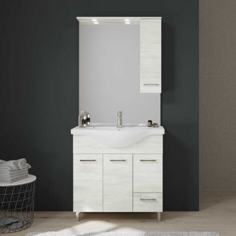 Kiamami Valentina – Meuble sous vasque simple 85 cm – Chêne blanc effet bois – 3 portes et 1 tiroir – Pieds chromés réglables – Lavabo céramique avec trop-plein (1/5)
