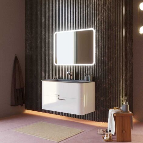 Kiamami Valentina – Meuble double vasque mural 100 cm – Lavabo noir mat – 2 tiroirs blancs brillants – Finition MDF – Installation murale facile