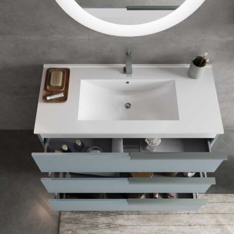 Meuble Sous Lavabo Salle De Bain 100cm - 3 Portes, 2 Tiroirs, Vert, Rangement Optimisé, Facile à Monter