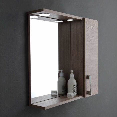 Kiamami Valentina – Miroir lumineux de salle de bain suspendu avec porte latérale effet bois chêne – Largeur 58 cm – Éclairage LED intégré – Hauteur 57,1 cm (1/5)