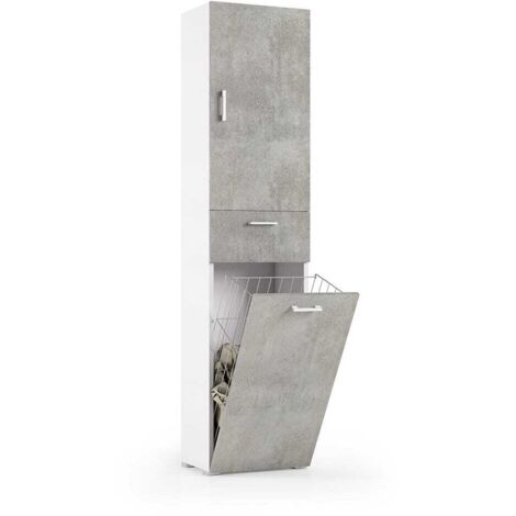 Kiamami Valentina – Colonne avec panier à linge blanc – Portes en béton – Largeur 45 cm, hauteur 195 cm, profondeur 32 cm – Rangement fonctionnel (1/4)