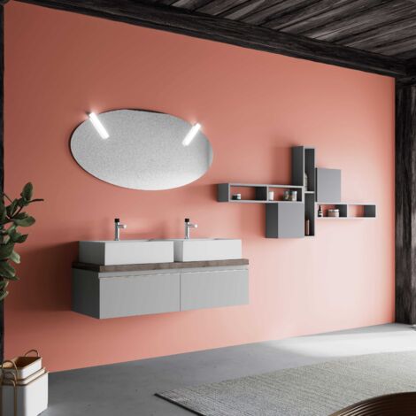 Armoire De Toilette Gris Perle Double Vasque 120Cm Miroir Ovale Lagos (1/5)