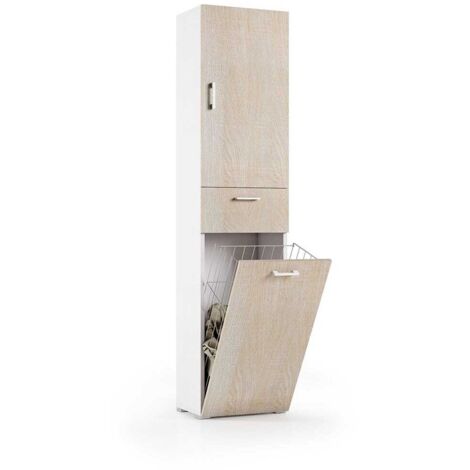 Kiamami Valentina – Colonne de salle de bain en chêne – Hauteur 195 cm, largeur 45 cm, profondeur 32 cm – Panier à linge et tiroir – Assemblage facile