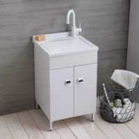Kiamami Valentina – Lavoir pour buanderie 50x50 cm – Meuble en bois blanc avec vasque en résine – Charnières métalliques – Kit d'installation inclus