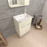 Kiamami Valentina – Meuble buanderie avec lavoir 60cm – 2 portes en chêne blanc – Lavabo en polypropylène avec trou pour trop-plein – Planche à laver amovible