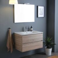 Kiamami Valentina – Meuble de salle de bains mural 90 cm – Chêne naturel – Lavabo céramique – Miroir 90x60 avec lampe LED – 2 tiroirs spacieux