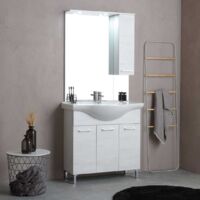 Kiamami Valentina – Meuble de salle de bains au sol 85 cm – Chêne blanc effet bois – 3 portes – Lavabo céramique avec trop-plein – Miroir avec spots LED