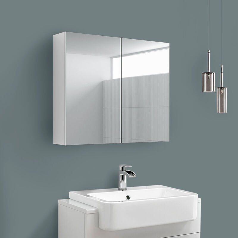 NRG 600mm Double Door Bathroom Mirror Cabinet Wall Storage Cupboard Gloss White Furniture 