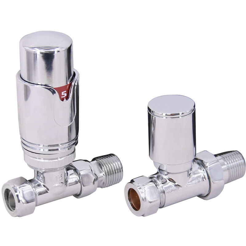 Nrg Chrome Straight Thermostatic And Manual Valve Radiator Valves Central Heating Taps 8876