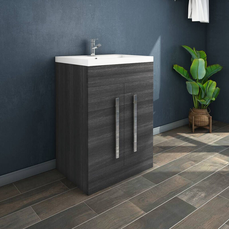 NRG 600mm Grey Floor Standing Vanity Sink Unit Countertop Basin Bathroom 2 Drawer Storage Furniture 