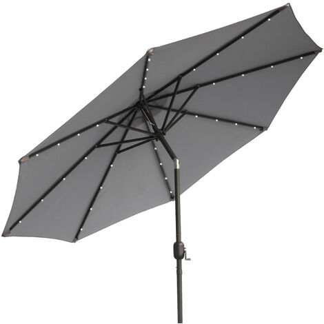 Grey 2.7m Round Garden LED Parasol Crank Tilt Umbrella w/ Base