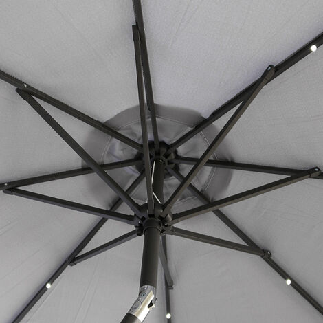 Grey 2.7m Round Garden LED Parasol Crank Tilt Umbrella w/ Base