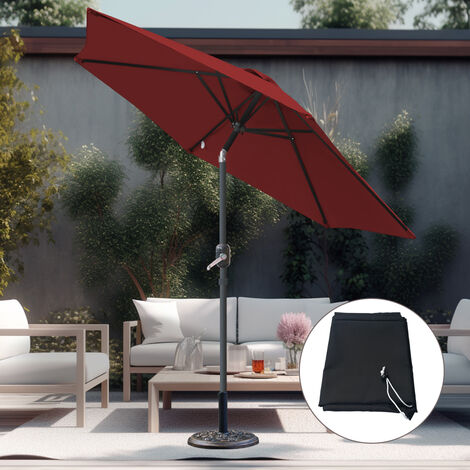 Wine Red 2.5M Round Garden Parasol Patio Umbrella Crank Tilt w/ Base Cover (1/5)