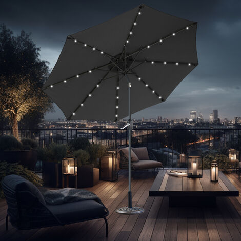 Black 2.7m Round Garden LED Parasol Crank Tilt Umbrella w/ Base