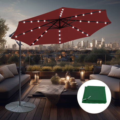 3m LED Garden Patio Banana Parasol Wine Red w/ Base Cover Umbrella Cantilever
