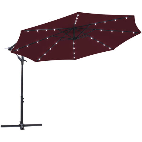 3m LED Garden Patio Banana Parasol Wine Red w/ Base Cover Umbrella Cantilever