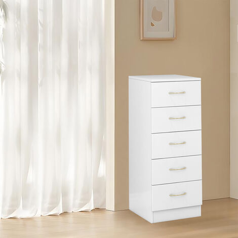 Narrow Tall Chest of 5 Drawers Bedside Bedroom Hallway Storage Cabinet Furniture White